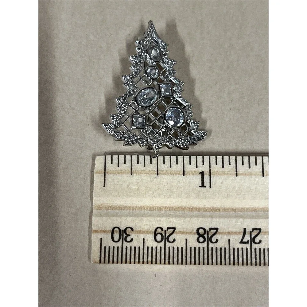 SILVER CUBIC ZIRCONIA? Christmas Tree BROOCH PIN With Clear Stones VTG‎ HTF